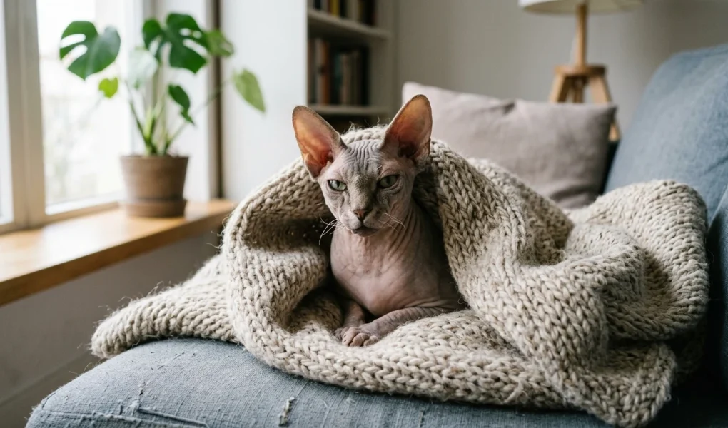 Bezsrstá sfinga kočka Sphynx zabalená v pletené dece na pohovce